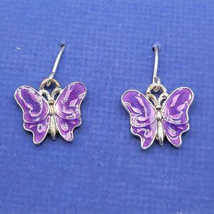 Avon Enamel Butterfly Dangle Earrings Purple Silver Tone Fish Hook Findings